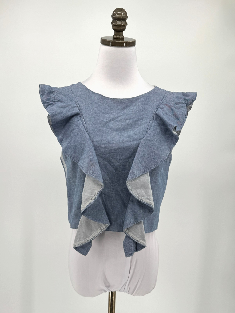 Viva Aviva Magnolia Blue Cotton Chambray Silk Lined Ruffle Crop Top Sz M